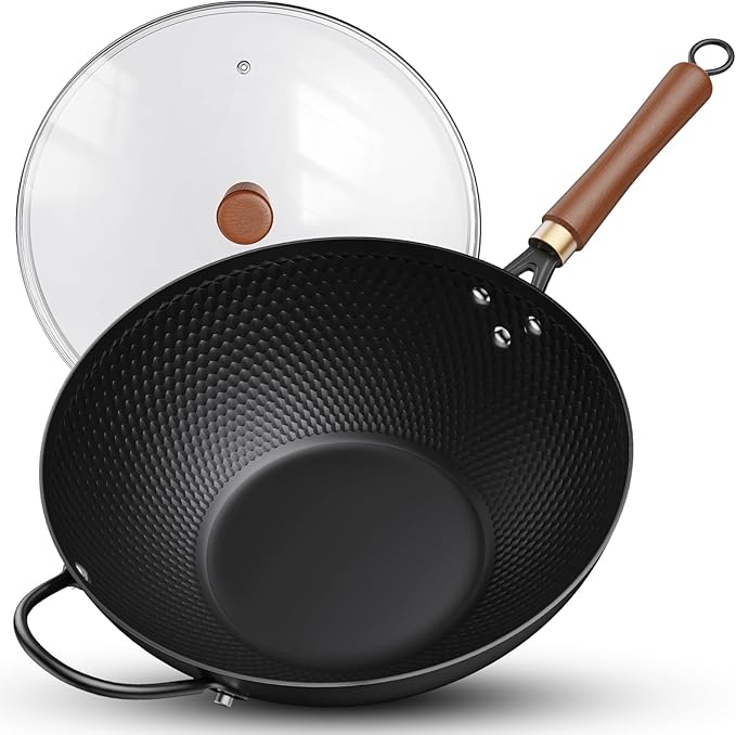 Nonstick Wok 13 Inch Carbon Steel Wok Pan with Glass Cover - Stir-Fry Pan