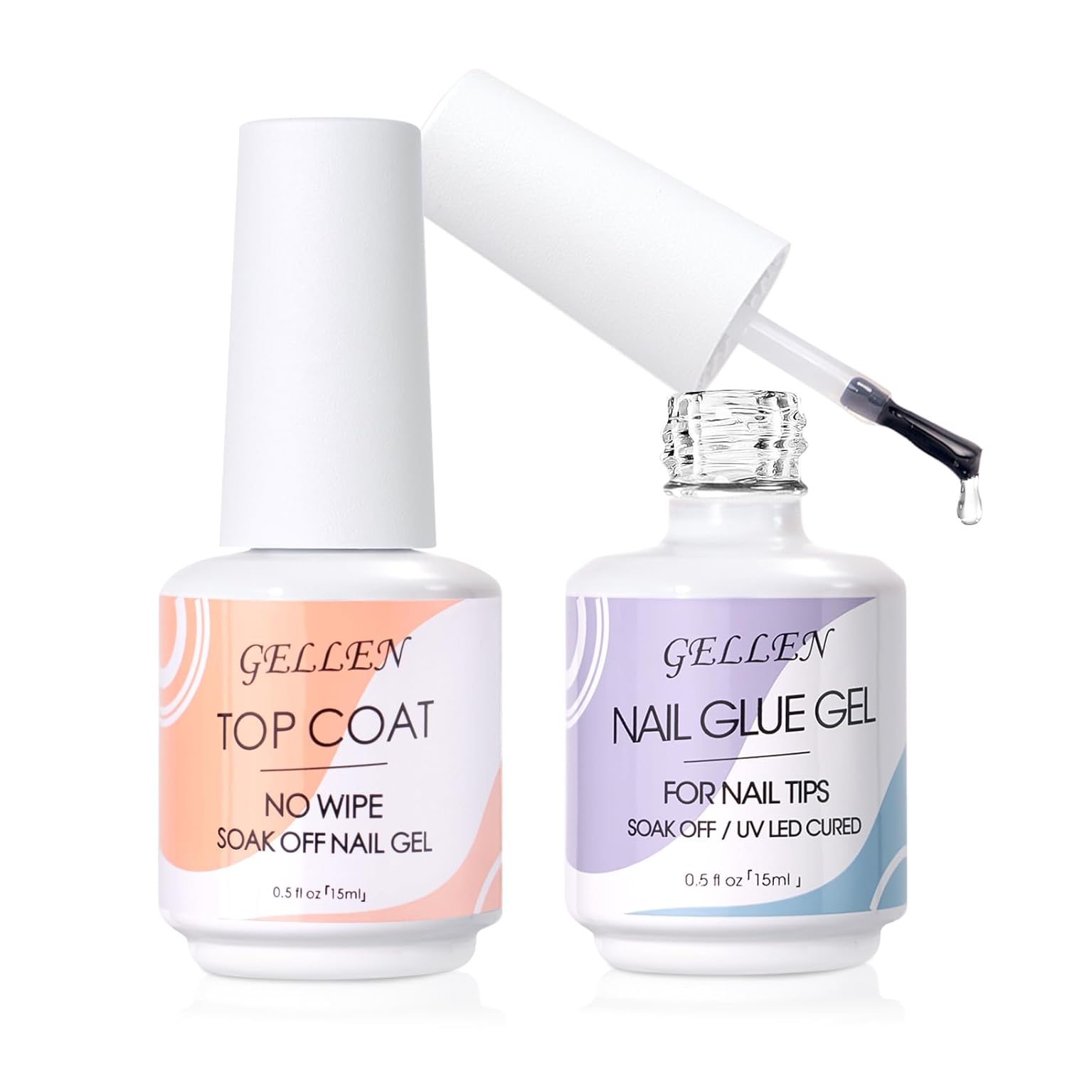 Gellen Nail Glue Gel & No Wipe Top Coat, 5 in 1 UV Nail Glue for Acrylic Nails, High Shiny Top Coat Gel, Curing Needed Extend Gel for False Tips & Clear Press on Nails, Home Salon DIY Manicure-BrightBean Baby