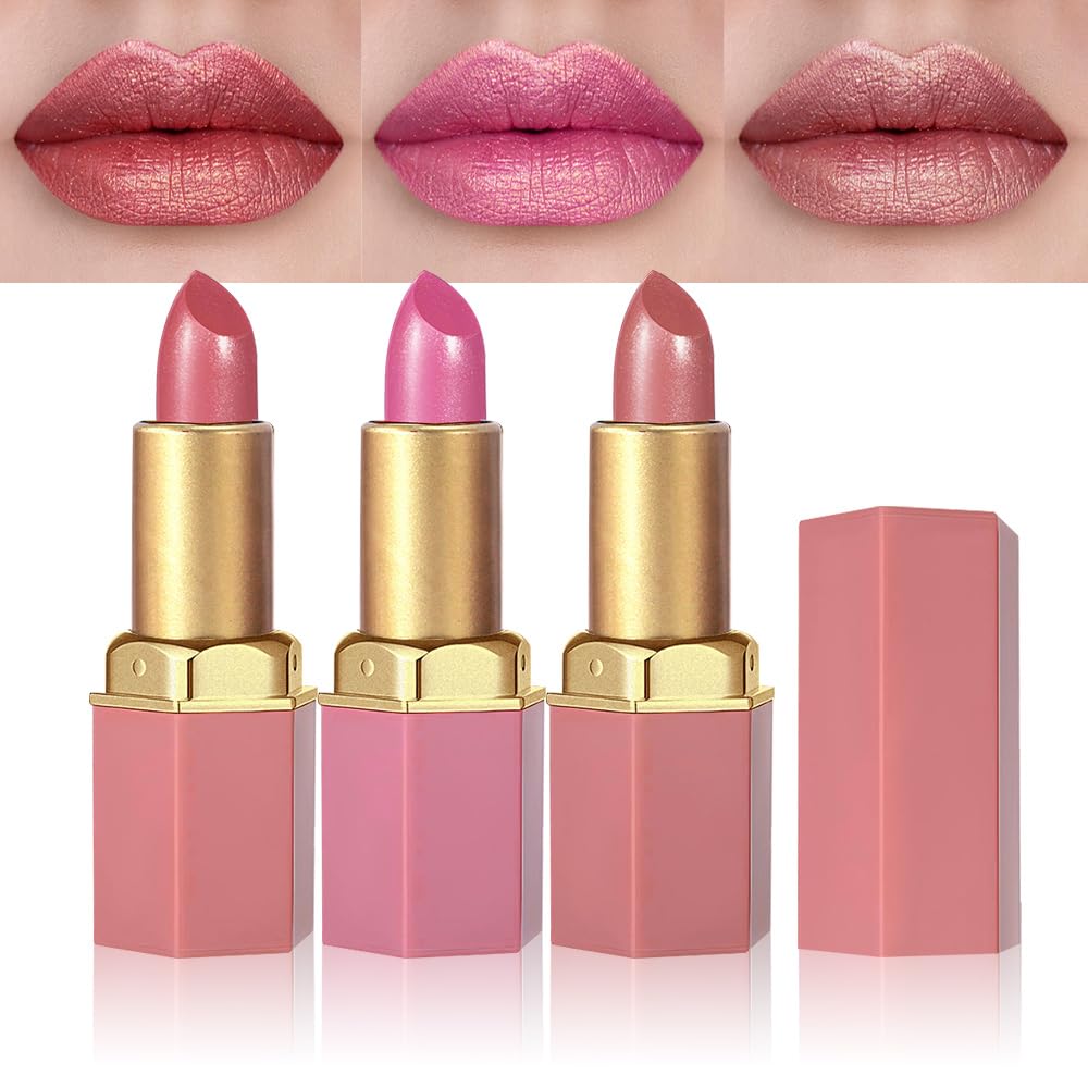 3Pcs Nude Pink Metallic Lipstick Lip Gloss for Women Set,Lightweight Shimmer Frosted Long Lasting Lipstick,Glitter Lip Stain Waterproof Smudge Proof 24 Hour Full Coverage Lip Makeup,Vegan（07,08,09)-BrightBean Baby