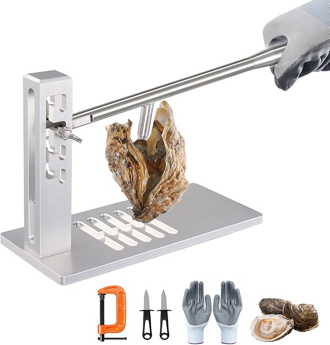Oyster Shucker Machine Adjustable Oyster Shucker Tool Oyster Clam Opener Machine Including Knifes, Glove and G-Clip, Seafood Tools Set for Hotel Family Barbecue Buffet