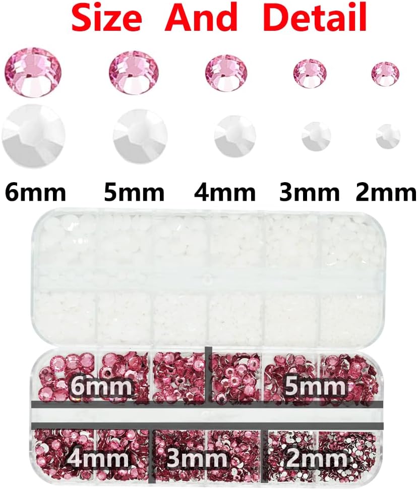 White And Pink Rhinestones with Glue(S8-S30) for Bedazzling,2mm-6mm Non-Hotfix Flatback Nail Gems Beads with B7000, Resin Nail GemsStones Diamond Kit for Bedazzle Crafting, Nails DIY Art Decoration-BrightBean Baby