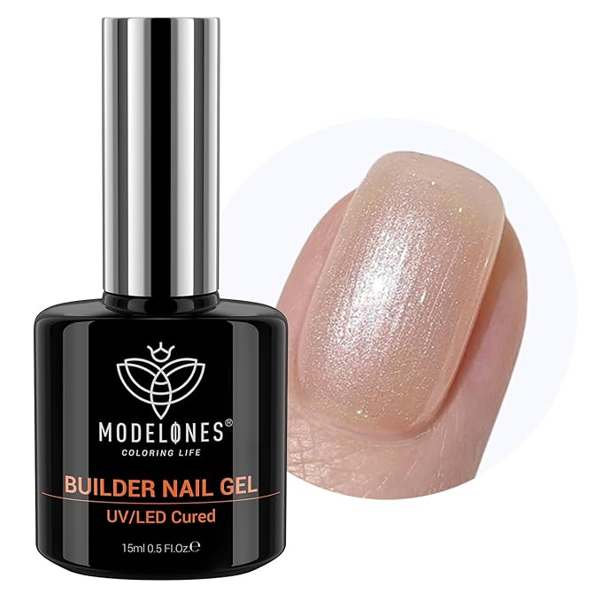 modelones Builder Nail Gel, 8-in-One Gold Shimmer Builder, Champagne Sparkle Glitter Rubber Color Base Gel Polish LED Lamp Cured, Apex Building Strengthener Extension for Home DIY Salon Girls-BrightBean Baby