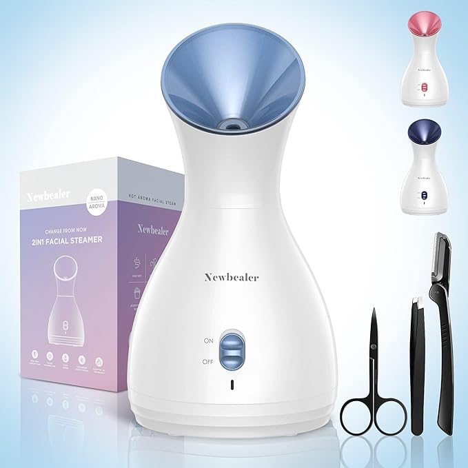 Newbealer 2in1 Facial Steamer, Hot Mist Facial Aromatherapy Humidifier Atomizer, Large Face Steamer Unclogs Pores Sinuses Moisturizing, Home Sauna Spa with Eyebrow Set (Blue, 170ml)-BrightBean Baby