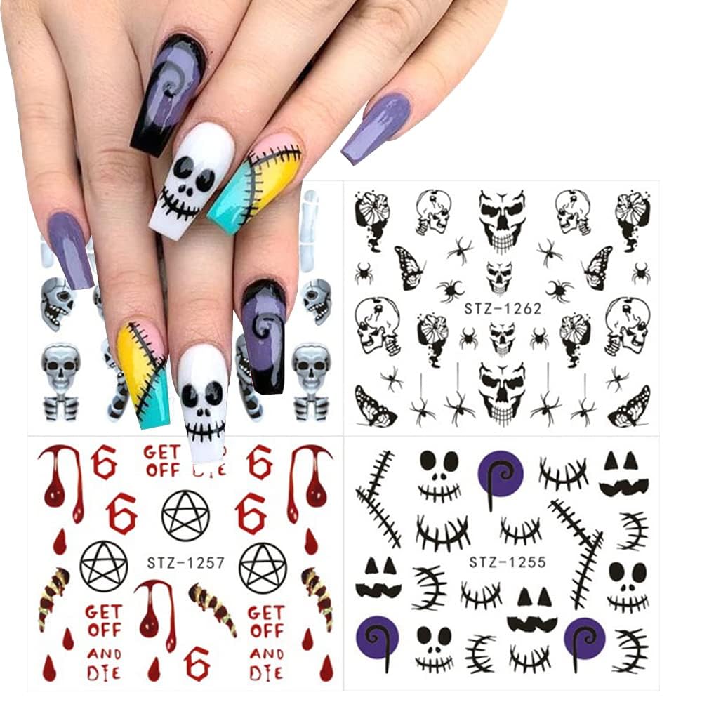 12 Sheets Halloween Nail Art Sticker Decals Horror Water Transfer Nails Foils Pumpkin Ghost Skull Spider Blood Evil Eye Halloween Design Nail Art Decoration Nail Slider Decal for Women DIY Nail Supply-BrightBean Baby