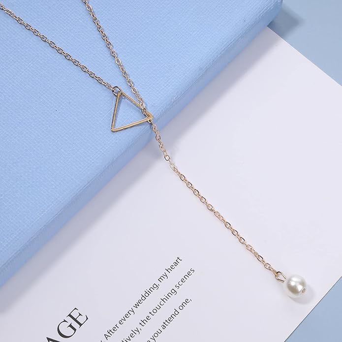 Boho Pearl Triangle Necklace Gold Y Pearl Necklace Minimalist Y Lariat Necklace Geometry Chain Jewelry for Women and Girls-BrightBean Baby