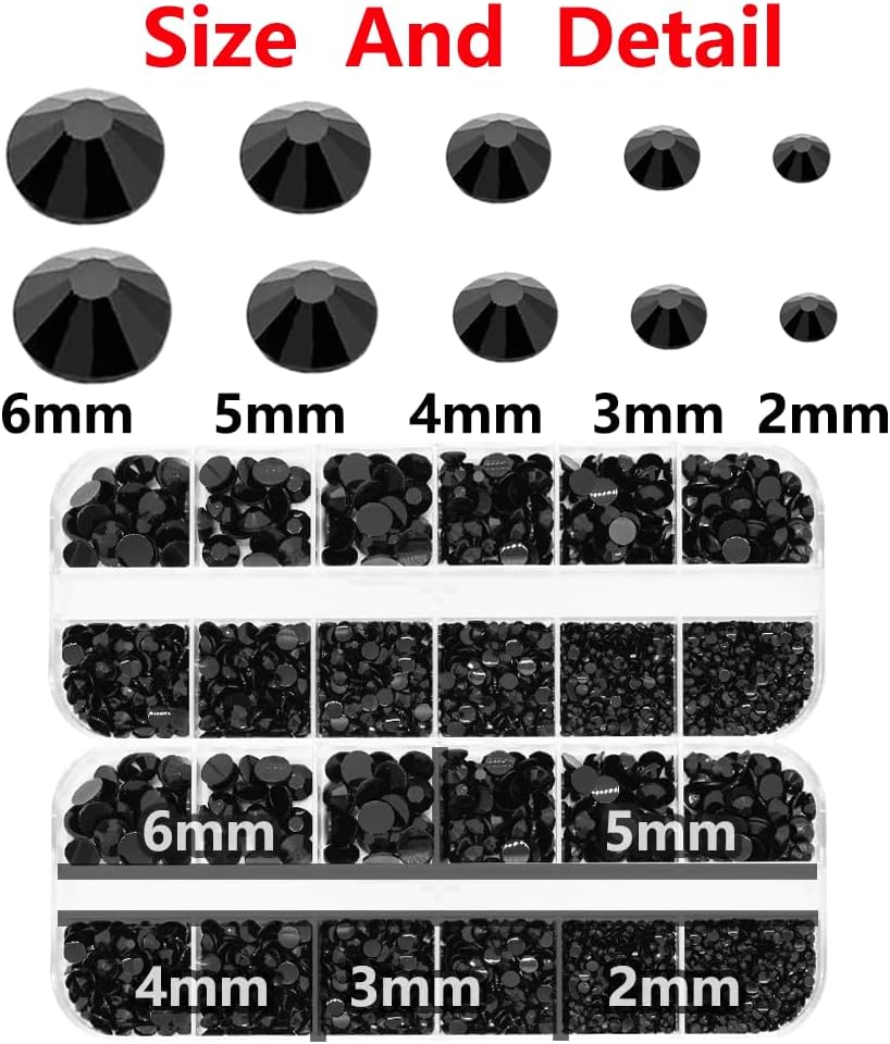 Black Rhinestones for Bedazzling with B7000 Glue, 2mm 3mm 4mm 5mm 6mm (SS8-SS30) Non-Hotfix Flatback Black Diamonds Kit, Nail Crystals Gems Beads for Bedazzling Crafts,DIY Art, Makeup Decoration-BrightBean Baby