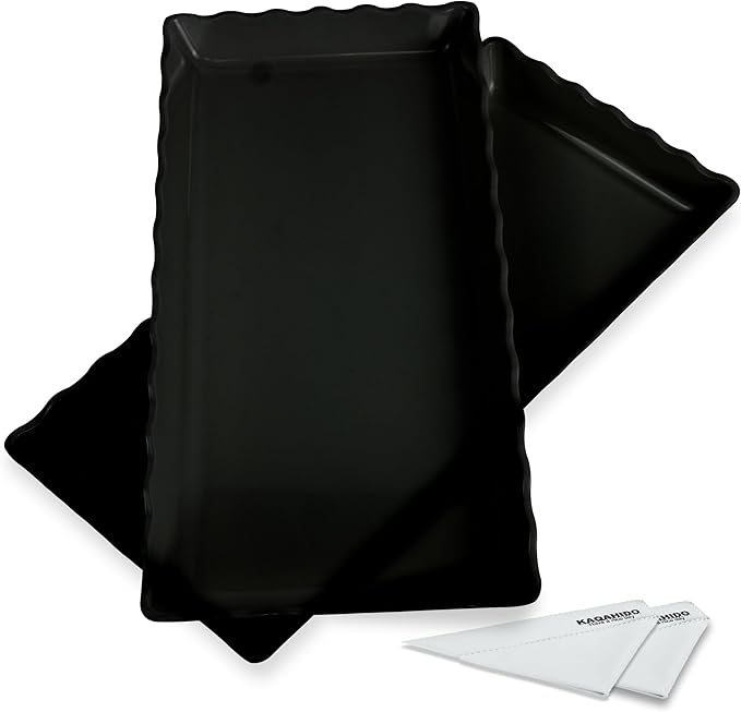 KAQAHIDO 17" x 8" x 1.5" Black Serving Tray Set, Wave Edge Melamine Platters for Cookie, Appetizer, Charcuterie, Snack, Dessert, Party Food Display, Stackable, Set of 2
