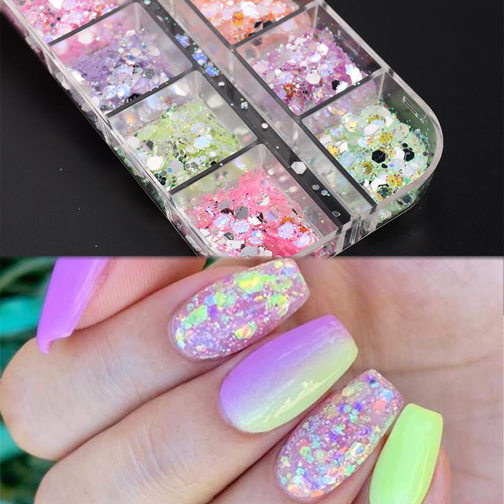 12 Grids Colorful Mermaid Nail Sequin Holographic Nail Art Glitter,Iridescent Nail Art Flake Glitter Decals Glass Paper Design Nail Accessories Acrylic Nails for Women Make Up DIY Nail Decoration-BrightBean Baby