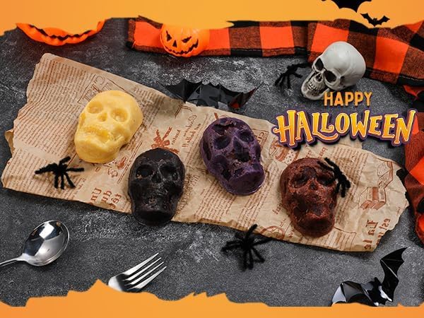 Metal Framed Silicone Skull Cake Pan - 6 Cavity Skull Baking Pan & Silicone Mold for Halloween Parties & Baking Fun | Food-Safe Non-Stick Ice Cube Tray, Cupcake Maker
