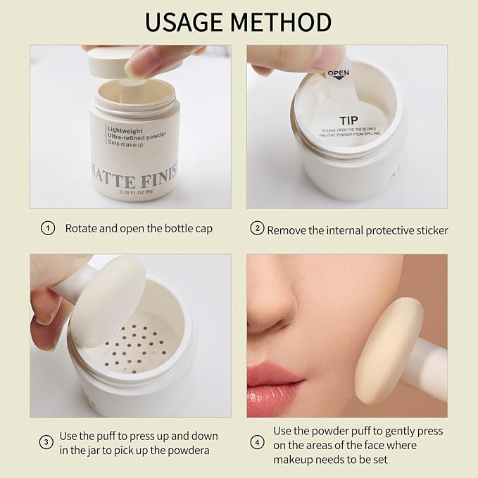 Erinde White Translucent Matte Setting Powder with Puff, Face Loose powder Makeup, Oil Control Finishing Powder, Lightweight Blurring Powder, Waterproof, 24H Long-Lasting, Creates Soft Focus Effect-BrightBean Baby