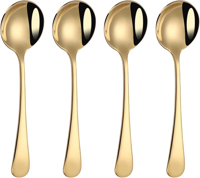 7" Round Soup Spoons Set of 4,18/10 Stainless Steel Heavy Duty with Deep Bowl,Fine Mirror Polished,Dishwasher Safe(Gold)