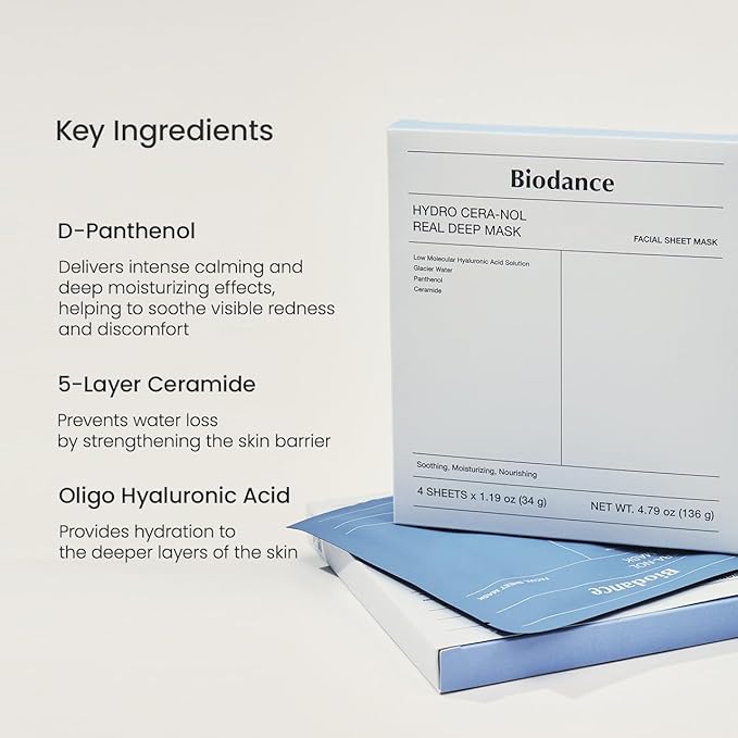 BIODANCE Hydro Cera-nol Real Deep Mask, Overnight Hydrogel Mask, Hydrating Facial Mask For Sensitive Skin, Redness Reducing & Quick Soothing Effect, Korean Skincare | 1.19oz(34g) x 4ea-BrightBean Baby