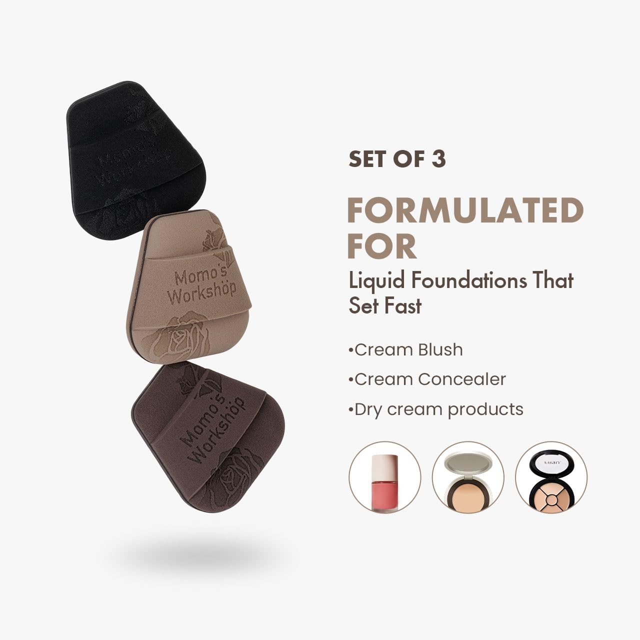 Mini Trapezoidal Makeup Sponge Set,Dual-Use Mini Rubycell Sponge for Foundation/Concealer/Blush,Soft, Even Application for Liquid & Cream Products,3pcs Mini Concealer Puffs & Storage Case-BrightBean Baby