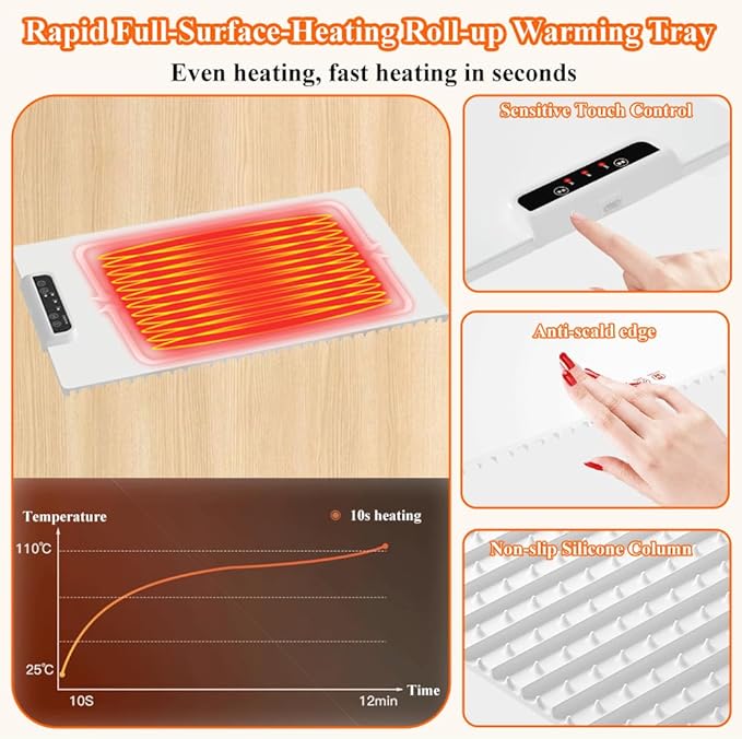 Food Warmer Mat, Electric Warming Tray, Portable Food Warming Mat with Adjustable Temperature and Timer, Roll Up Heating Mat for Food,Full Surface Heating,Fast Heating for Daily Use, Gatherings,Party-BrightBean Baby