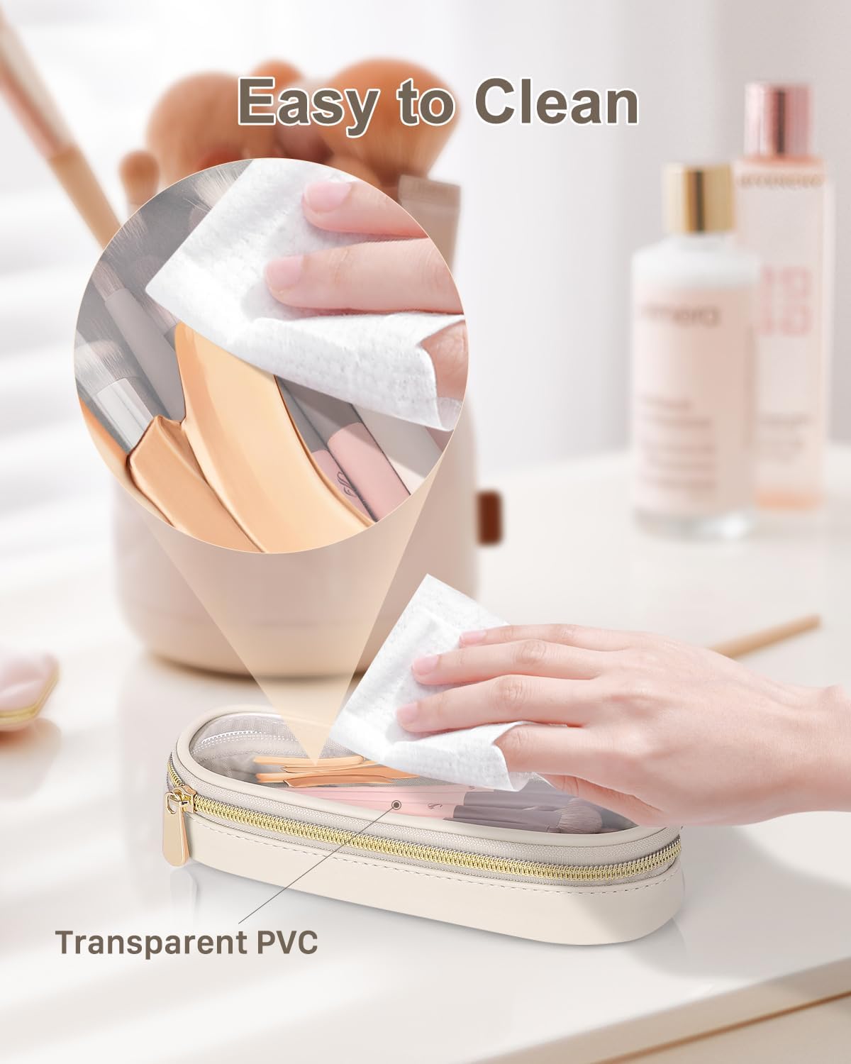 Clear Travel Makeup Brush Holder, Leather Makeup Brush Toiletry Bag, Portable Cosmetic Brush Case, Transparent Waterproof Makeup Brush Storage Bag, White, Large-BrightBean Baby