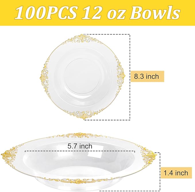 100PCS Clear Gold Plastic Bowls - 12 oz Clear Disposable Salad Bowls - Heavy Duty Disposable Soup Bowl - Fancy Plastic Ice Cream Bowl for Weddings, Thanksgiving Parties, Dinners, Picnics,