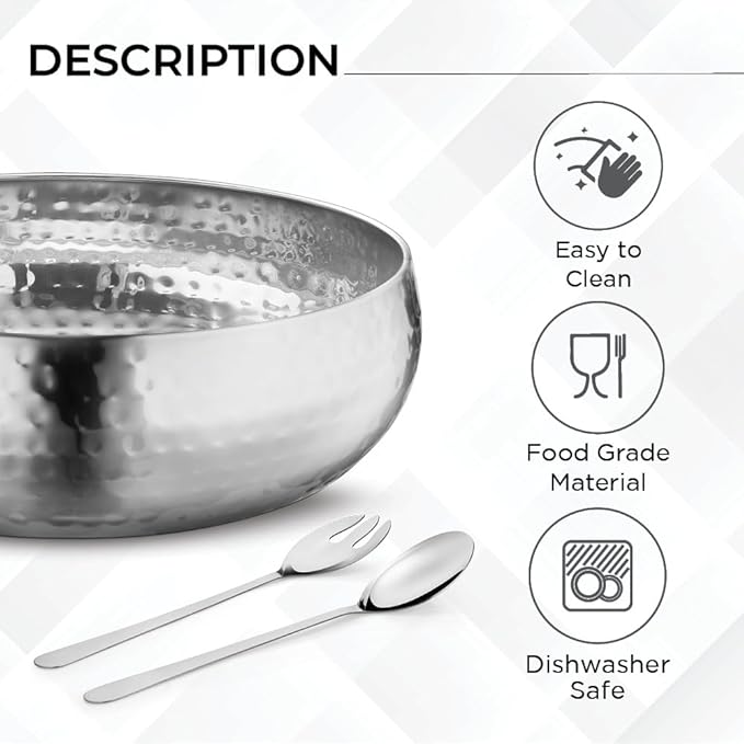 Avador® Set of 3 Premium Stainless Steel Salad Mixing Bowl Hammered Finish | Handmade | Includes Salad Serving Utensils (Stainless Steel)