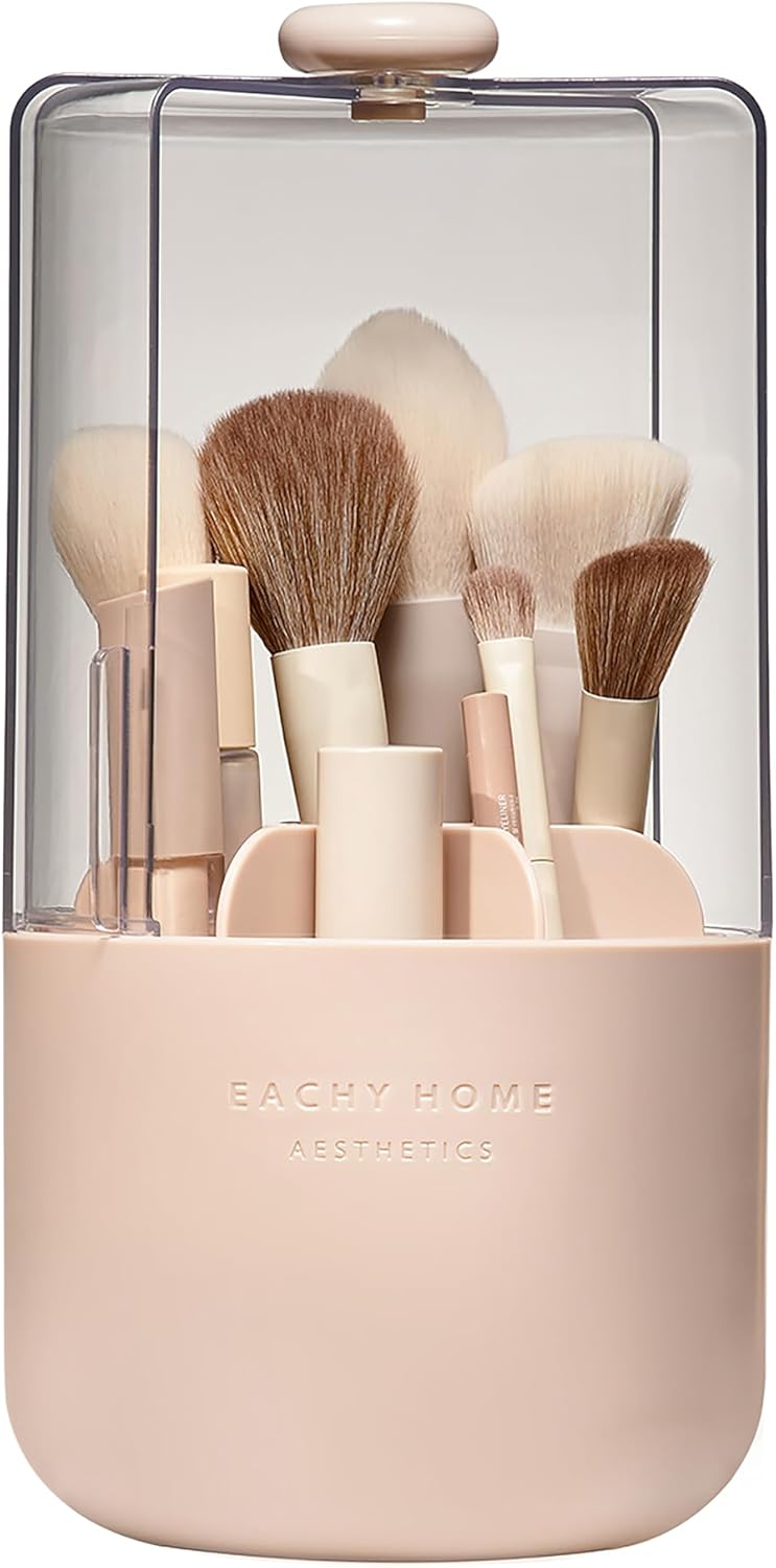 EACHY Makeup Brush Holder 360° Rotating with Dustproof Lid, Waterproof Material, 7 Compartments for Organized Storage, Stylish and Durable Design for Vanity (Pink)-BrightBean Baby
