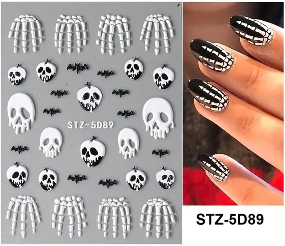 2 Pcs Halloween Nail Art Stickers 5D Embossed Scary Skull Self-Adhesive Nail Decals Halloween Stickers Bat Bones of The Dead Designs Nail Decorations Holiday DIY Acrylic Nail Accessories for Women-BrightBean Baby