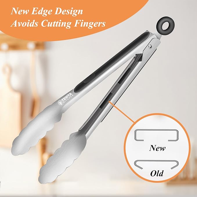 Tongs for Cooking, 9-Inch Stainless Steel Kitchen Tongs, Locking Metal Food Tongs with Silicone Non-Slip Grip, Kitchen Utensils Tongs for Food, Salad and Outdoor BBQ (Set of 4)