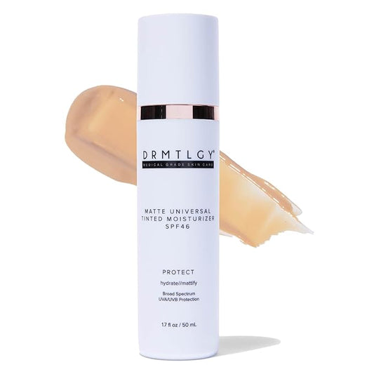 DRMTLGY Matte Universal Tinted Moisturizer with SPF 46. Universal Tint. All-In-One Light Matte Coverage Tinted Face Sunscreen with Broad Spectrum Protection Against UVA and UVB Rays. 1.7 oz-BrightBean Baby