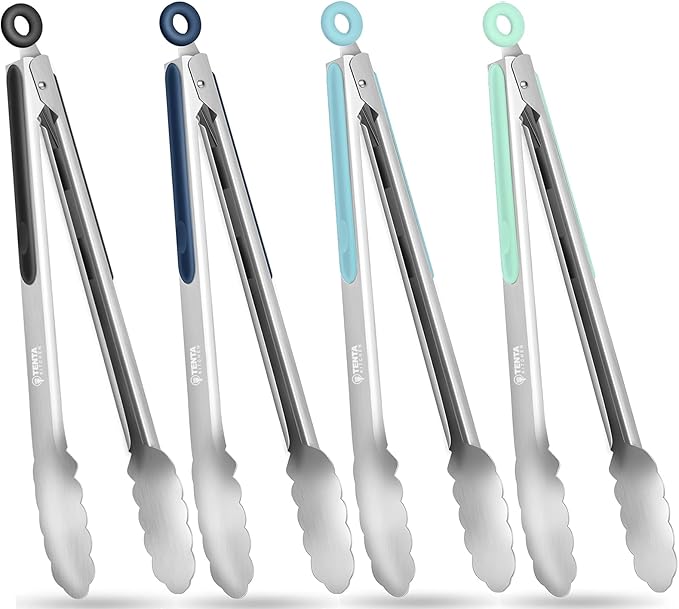 Metal Tongs for Cooking, 12-Inch Stainless Steel Tongs Kitchen Cooking Salad with Silicone Non-Slip Grip, Kitchen Utensils Set for Food, Salad and Outdoor BBQ (Set of 4)