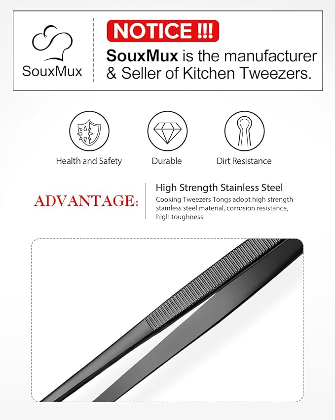 2 Pcs 12-inch Cooking Tweezers Tongs Precision Serrated Tips, Stainless Steel Professional Chef Tweezer Kitchen Tools for BBQ, Plating and Serving (Black)