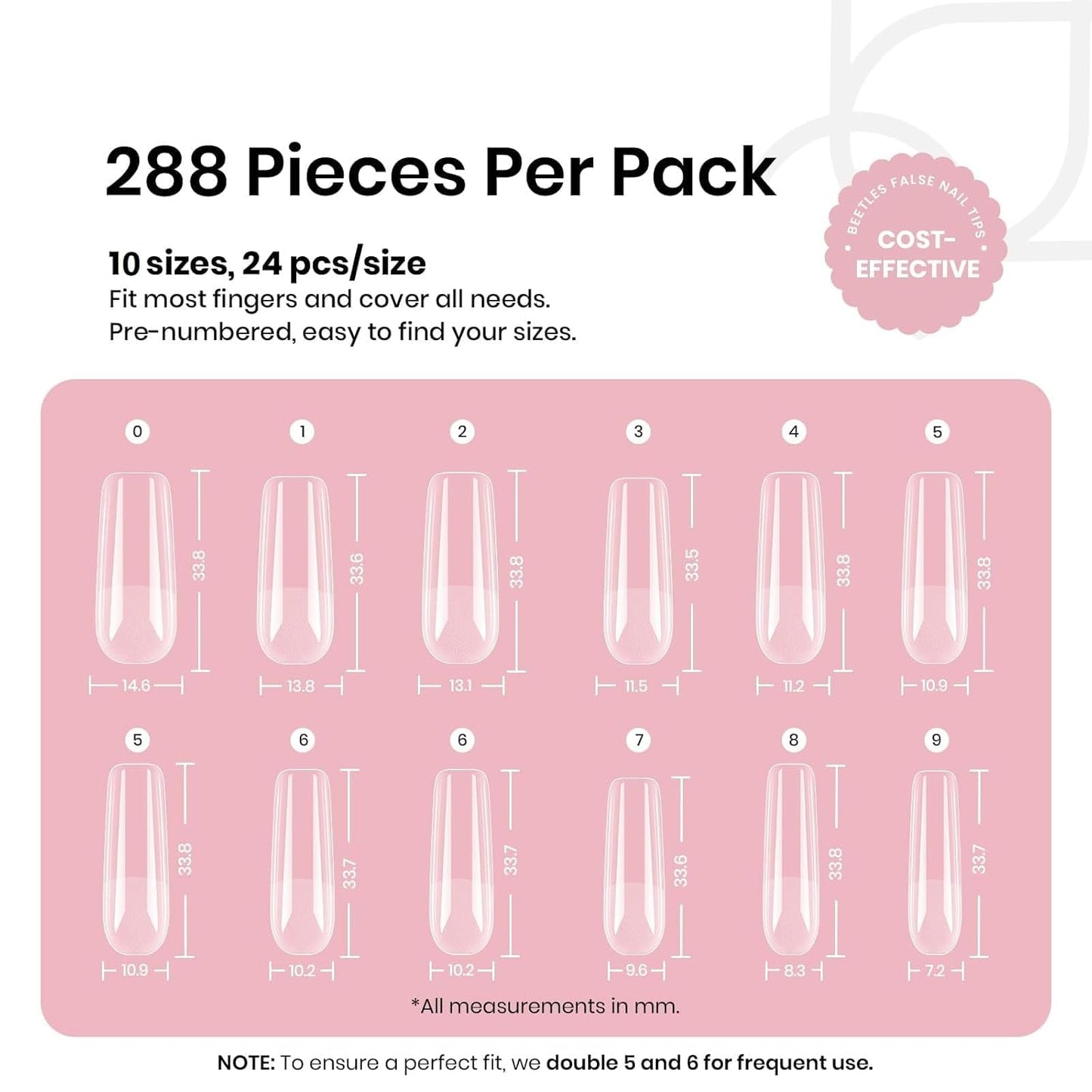 Beetles Gel Nail Tips Long Square 10 Sizes, 288Pcs Pre Shaped Half Matte Press On Nails Gelly Tips False Nails for Gel Nail DIY Art Nail Extensions Acrylic Nails Gift-BrightBean Baby