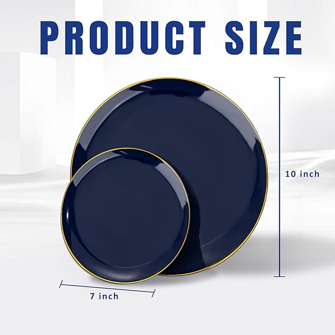 bUCLA 100PCS Blue Plastic Plates - Navy Blue Disposable with Gold Rim, Include 50 Each (10 inch Dinner & 7 inch Dessert) Plates, Ideal for Party