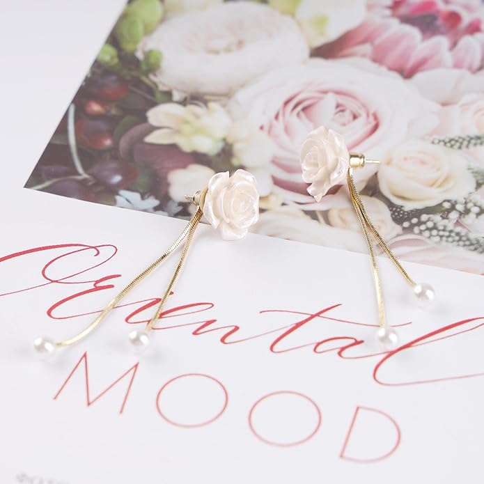 Vintage Flower Pearl Drop Earrings Long Tassel Pearl Earrings White Camellia Stud Earring Gold Pearl Chain Dangle Earrings Jewelry for Women-BrightBean Baby