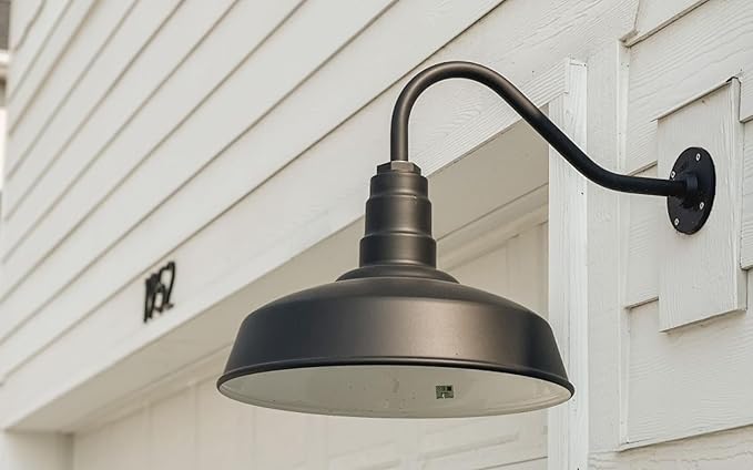 Steel Lighting Co. Gardena Barn Light | Outdoor Wall Mounted | 16" Dome | 23" Gooseneck | Farmhouse Light Made in America | Black Exterior/White Interior