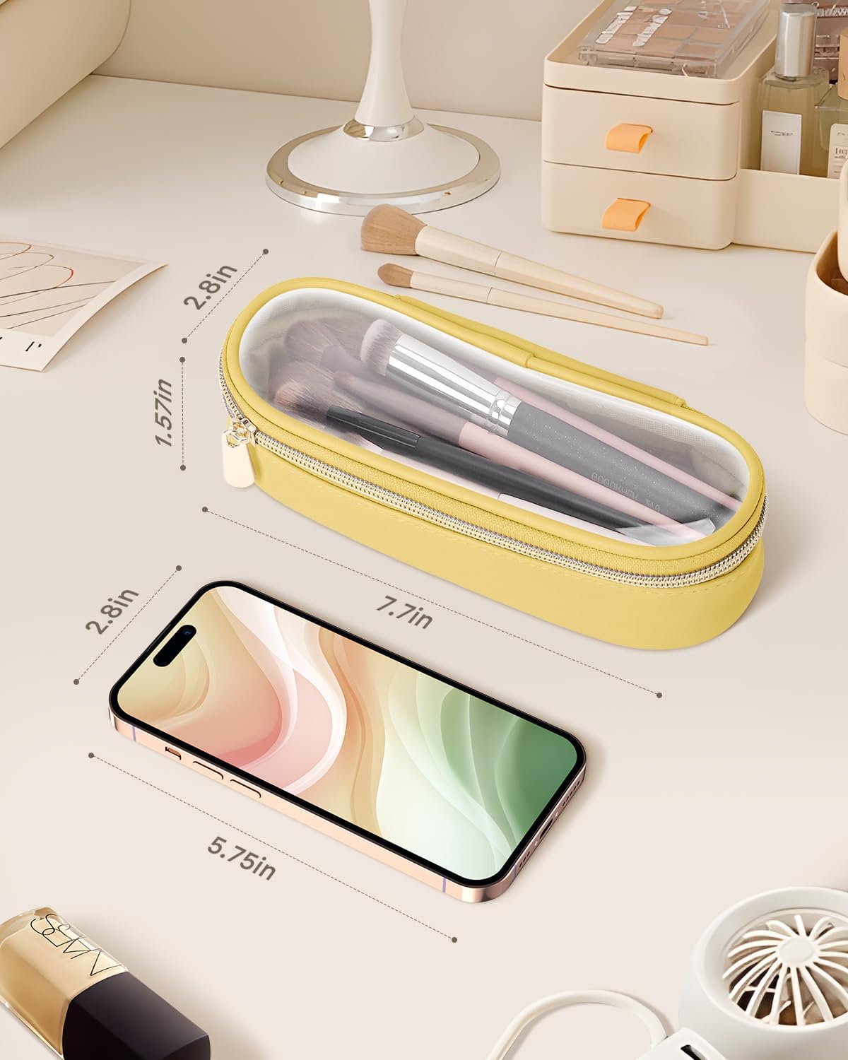 Clear Travel Makeup Brush Holder, Leather Makeup Brush Toiletry Bag, Portable Cosmetic Brush Case, Transparent Waterproof Makeup Brush Storage Bag, Yellow-BrightBean Baby