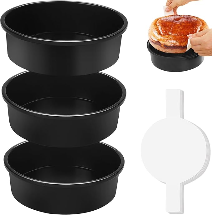 6 Inch Cake Pan Set of 3, Nonstick Round Cake Pans with 110 PCS Parchment Paper, Carbon Steel Smash Cake Baking Pans Tins, Dishwasher Safe