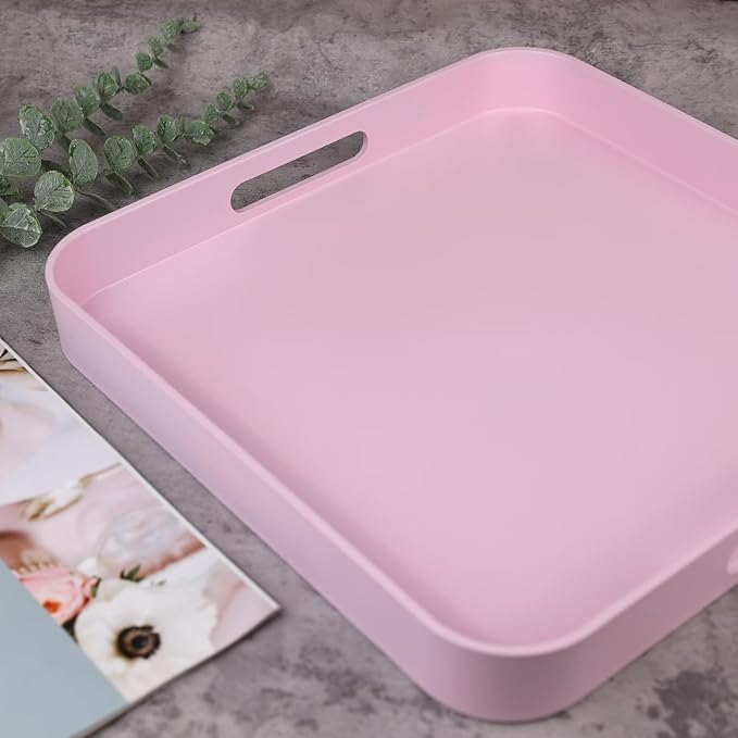 Square Pink Decorative Serving Tray with Handles, Versatile Ottoman Tray for Coffee Table, Entertaining, Outdoor Patio, Living Room, 13”*13”*1.6”