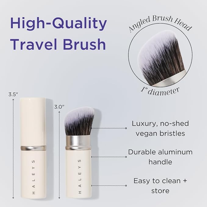 HALEYS Retractable Face Brush, VEGAN Dense, Angled Bristles & Adjustable Sleeve, Portable Makeup Brush for Quick, Easy Streak-Free Blending of Liquids, Creams, Powders, Travel-friendly Mess-Free Cap-BrightBean Baby
