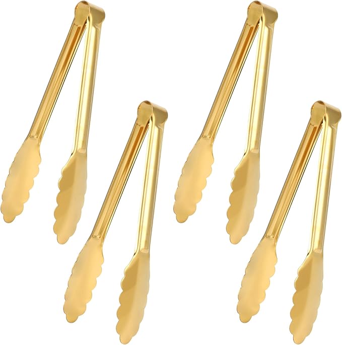 4 Pack Gold Tongs for Serving Food, 9 Inch Serving Tongs, Gold Buffet Tong Stainless Steel Utensils, Metal Kitchen Tong for Salad, Steak, Appetizer, Snack and Small Food (GOLD, 9INCH)