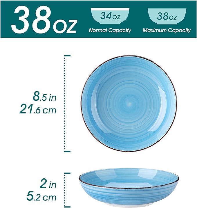 vancasso Bonita Pasta Bowls Set of 6, 38 oz Shallow Bowls, Ceramic Pasta Plates and Salad Bowls, Microwave & Dishwasher Safe Serving Bowls, Blue