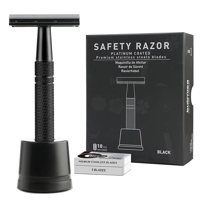 Double Edge Safety Razor with Stand, Single Blade Razors for Men and Women, Reusable Metal Razor, with 10 Stainless Steel Double Edge Blades, Smooth and Close Shave, Plastic Free, Matte Black-BrightBean Baby