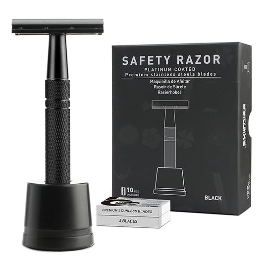 Double Edge Safety Razor with Stand, Single Blade Razors for Men and Women, Reusable Metal Razor, with 10 Stainless Steel Double Edge Blades, Smooth and Close Shave, Plastic Free, Matte Black-BrightBean Baby