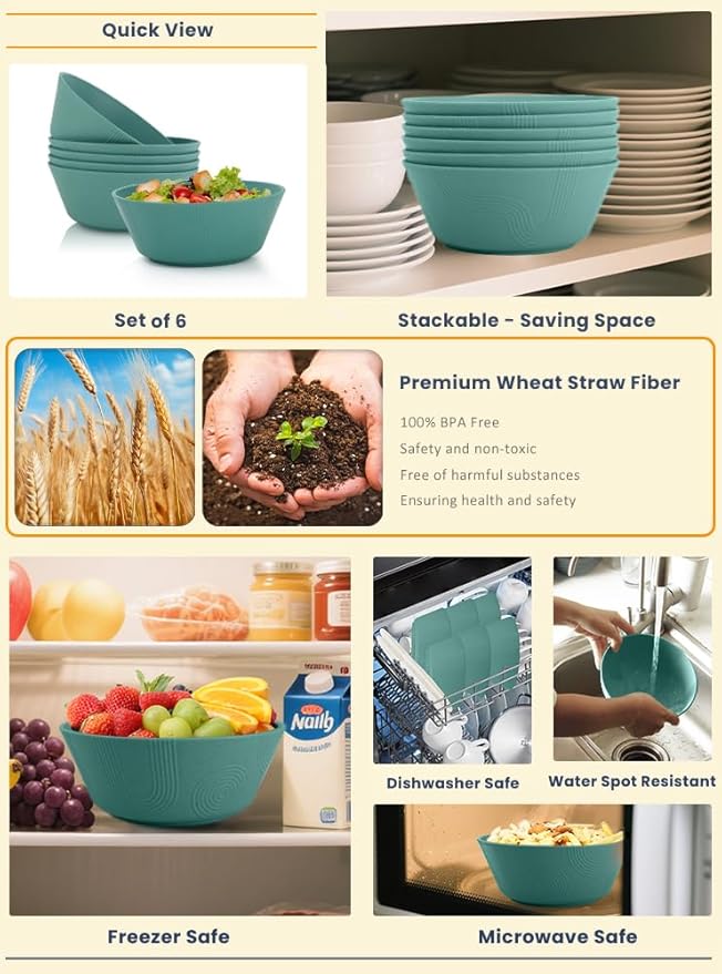 Homienly Wheat Straw Bowl Sets of 6-36oz Cereal Bowls,Microwave and Dishwasher Safe Bowls,Soup Bowl Sets Alternative for Plastic Bowls for Serving Soup,Salad(Green)