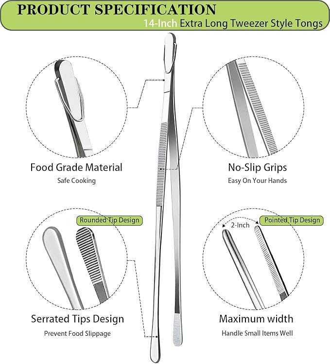 JETKONG 2 Pcs 14-Inch Food Tweezers Stainless Steel Tweezer Tongs Extra-Long Cooking Tweezers (Silver)