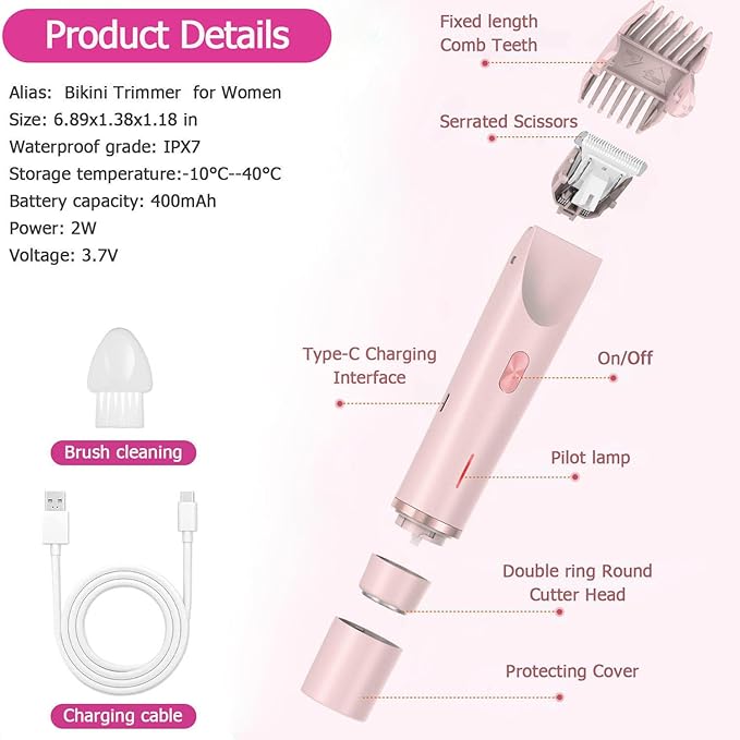 Bikini Trimmer for Women, Waterproof Bikini Shaver with Dual Head Design, Cordless Rechargeable Shaver for Women Private Area, Gentle Wet & Dry Hair Removal for Bikini Line & Underarms-BrightBean Baby