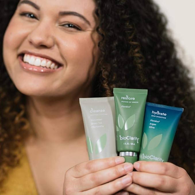 BioClarity 3-Step Essentials Skin Routine for Normal & Oily Skin Types | Cleanse, Restore and Moisturize | Gentle Clean and Hydrate Face | 100% Clean, Vegan Ingredients (Mini Size)-BrightBean Baby