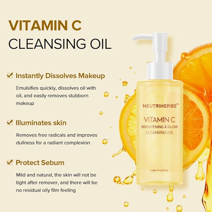 Neutriherbs Makeup Remover Oil Cleanser, Vitamin C Cleansing Oil for Long Last and Waterproof Makeup, Sunscreen, Fit All Skin Type - 3.71 Fl.Oz-BrightBean Baby
