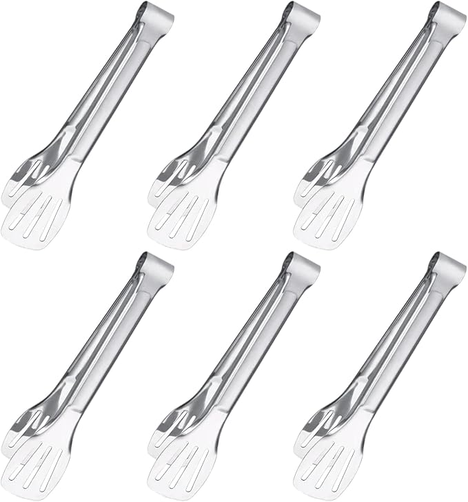 6PCS Serving Tongs, 7Inch Buffet Tongs, Stainless Steel Food Tong Small Serving Utensils for Cooking, Entertaining, Salad, Barbecue, Buffet, Toast and Steak by Sunenlyst (Stainless buffet tongs)