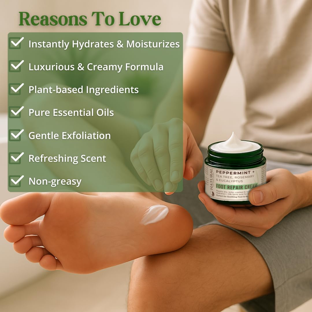 Peppermint + Rosemary, Eucalyptus & Tea Tree Foot Cream for Dry Cracked Heels and Feet - Moisturizing Foot Lotion for Cracked Heel Repair - Callus Remover with Lactic Acid (4 oz)-BrightBean Baby