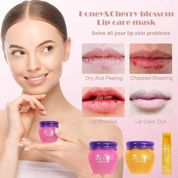 2PCS Lip Mask Overnight, Honey&Sakura Day and Night Repair Sleeping Lip Balm, Fade Lip Lines Bee Balm, Hydrating &Prevention Dry and Crack Lip Scrubs Exfoliator-BrightBean Baby