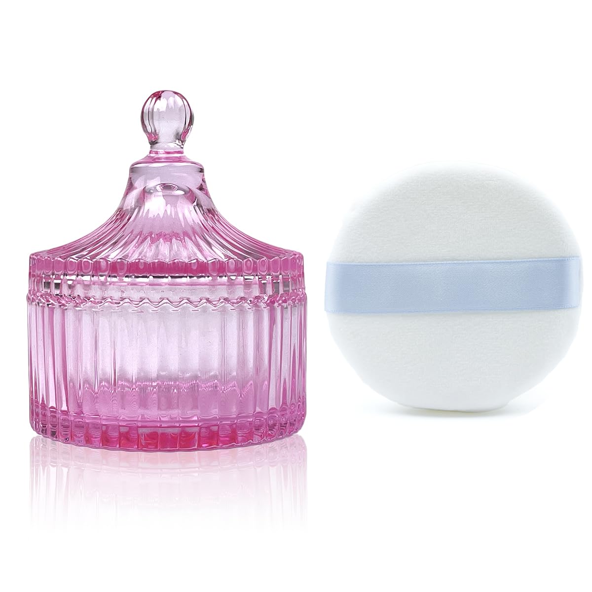 Ultra Soft Powder Puff and Container 3.3" High Density Velvet Dusting Washable Reusable Powder Puff,Body Powder Puff and Glass Jar Holder Loose Powder Box with Puff for Face Makeup(Pink)-BrightBean Baby