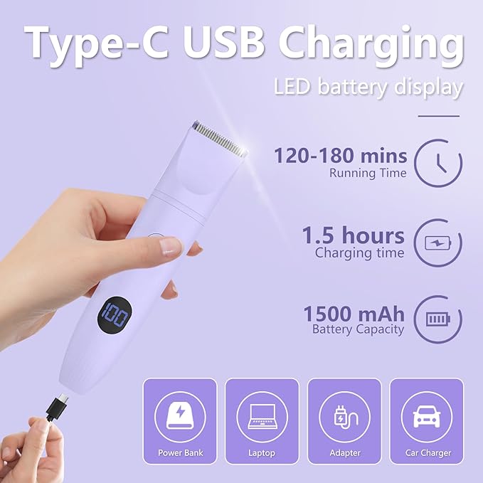 3-in-1 Bikini Trimmer for Women, IPX7 Waterproof Electric Shaver for Women-Rechargeable Electric Razors for Pubic, Facial & Body Hair Trimmer with LED Display, Travel Kit & Painless Blades (Purple)-BrightBean Baby