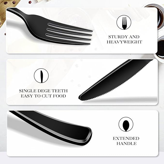 300 Pack Black Disposable Plastic Silverware Heavy Duty,Black Cutlery Set, Plastic Forks and Spoons Knives Utensils Set for Birthday Party Prom Night,Weddings,Halloween